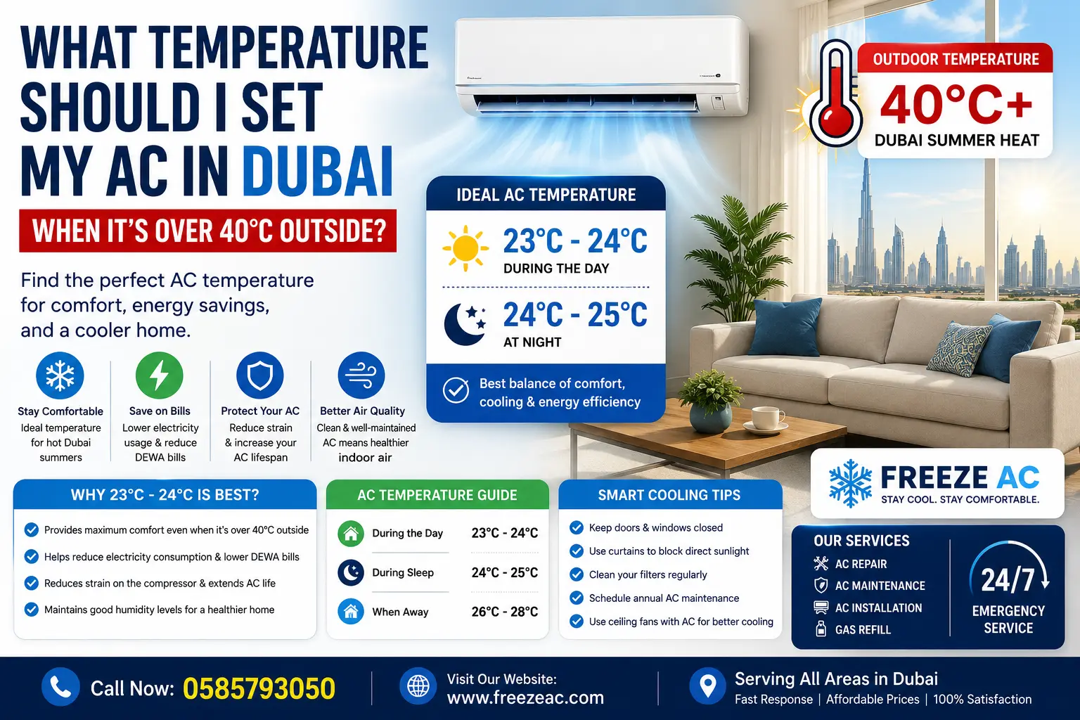 Best AC Temperature in Dubai During 40°C+ Summer Heat | FreezeAC.com